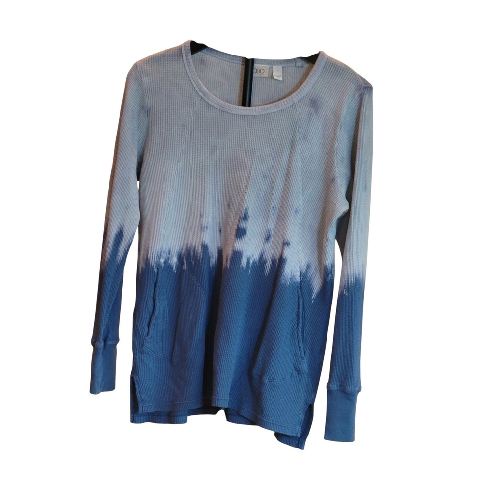 LOGO Lori Goldstein Thermal Top Size Small Blue Ombre Waffle Knit Pockets FLAW - Picture 2 of 16